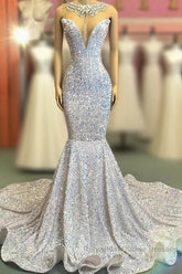Trumpet Mermaid Beading Sequin White Semi Formal Prom Dress